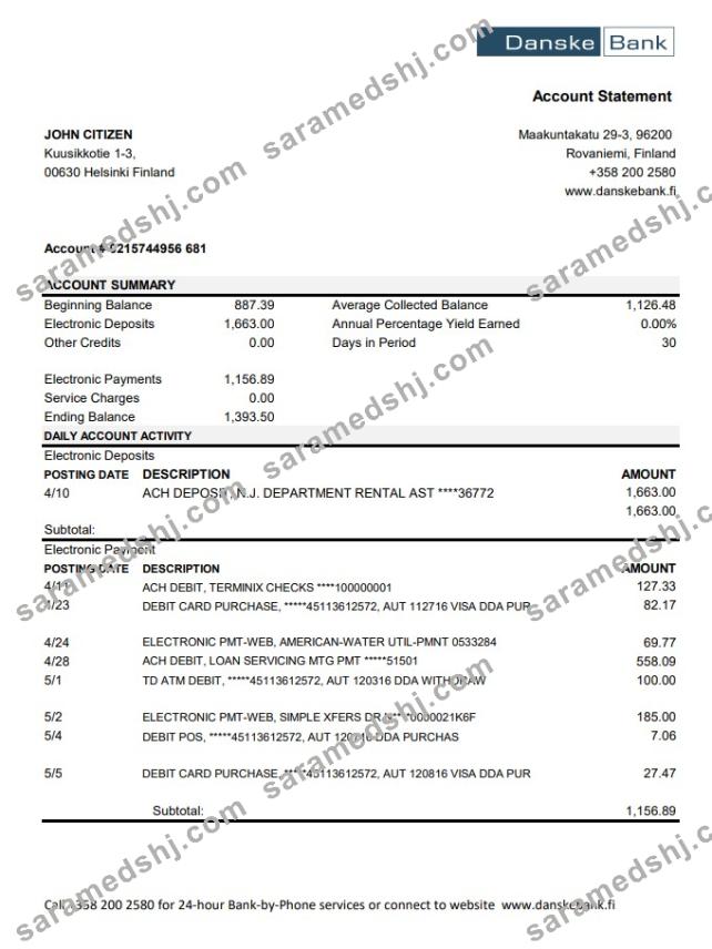 Finland Danske bank statement easy to fill template in .xls and .pdf file format